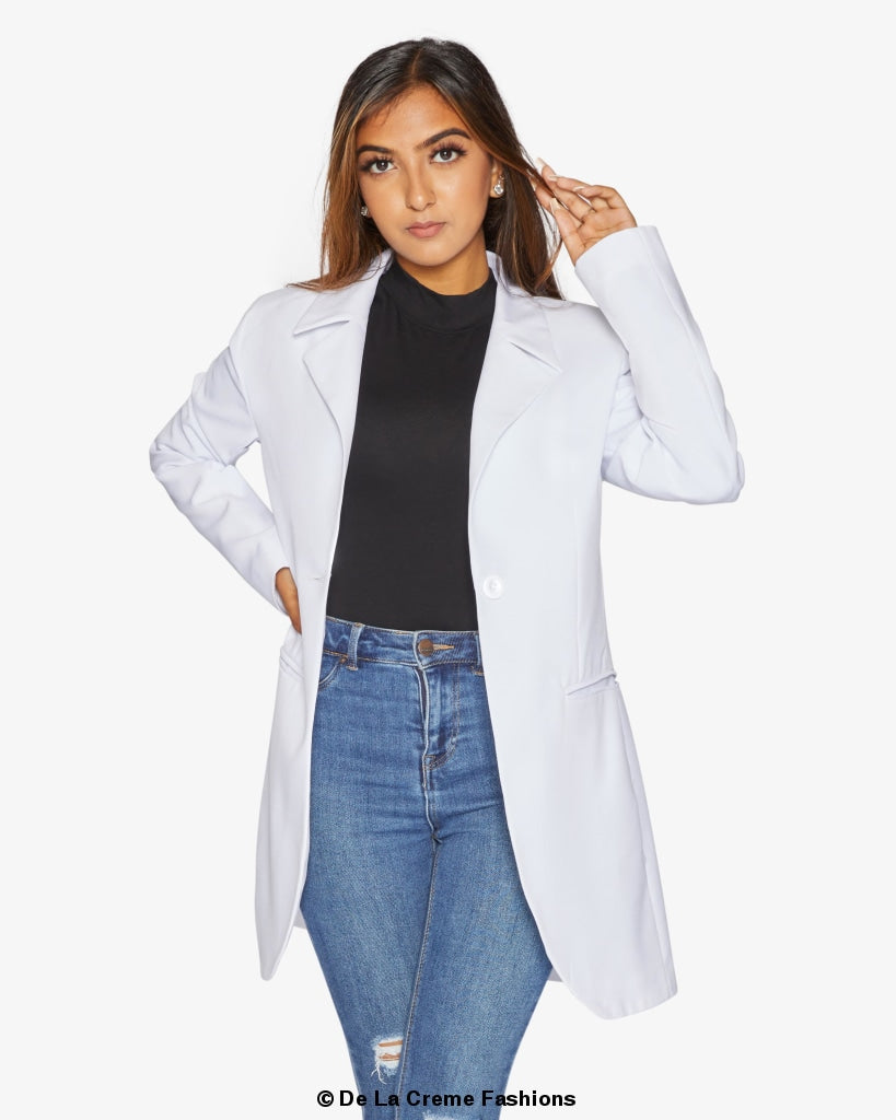 Rose Eleusis curved hem longline blazer, stylish jacket with a curved hem, tailored fit, perfect for layered office or casual wear.