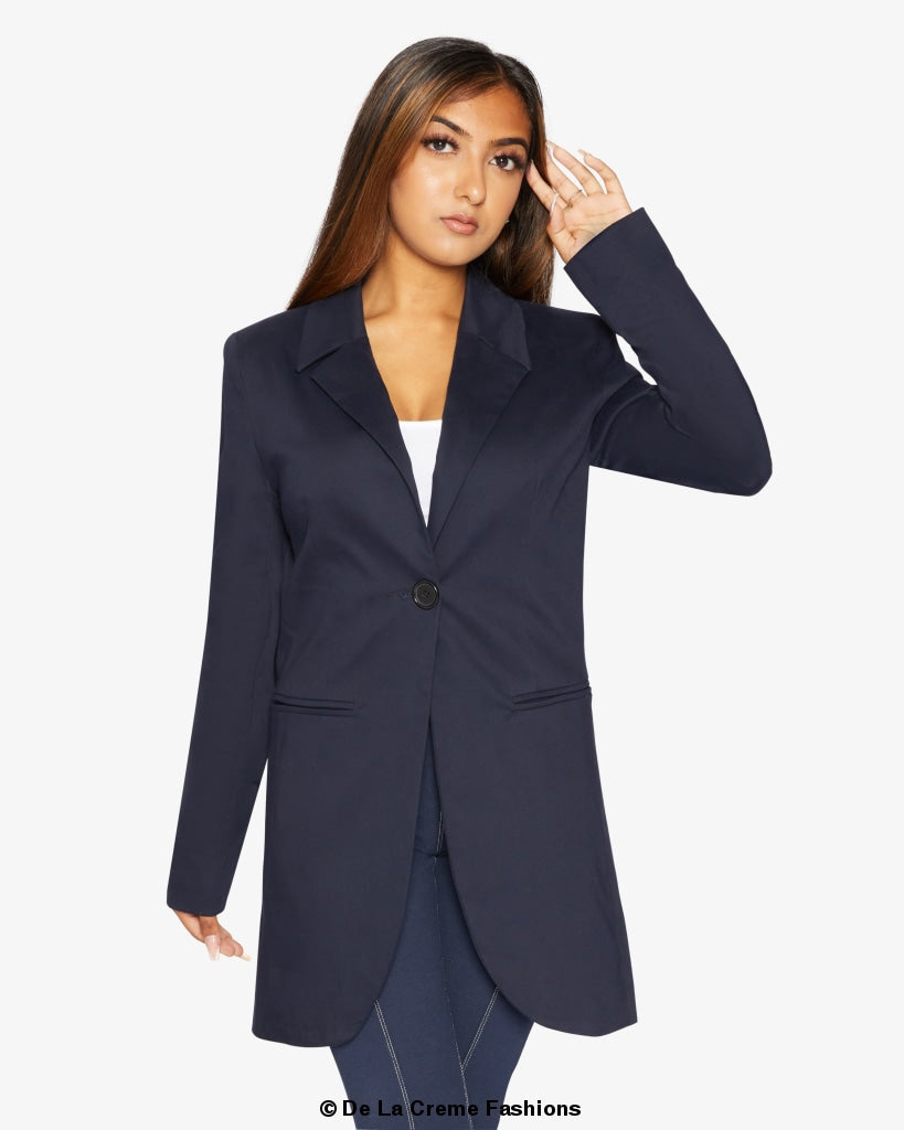 Rose Eleusis curved hem longline blazer shown in this image, featuring a tailored fit and stylish design for jackets and coats.