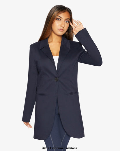 Rose Eleusis curved hem longline blazer shown in this image, featuring a tailored fit and stylish design for jackets and coats.