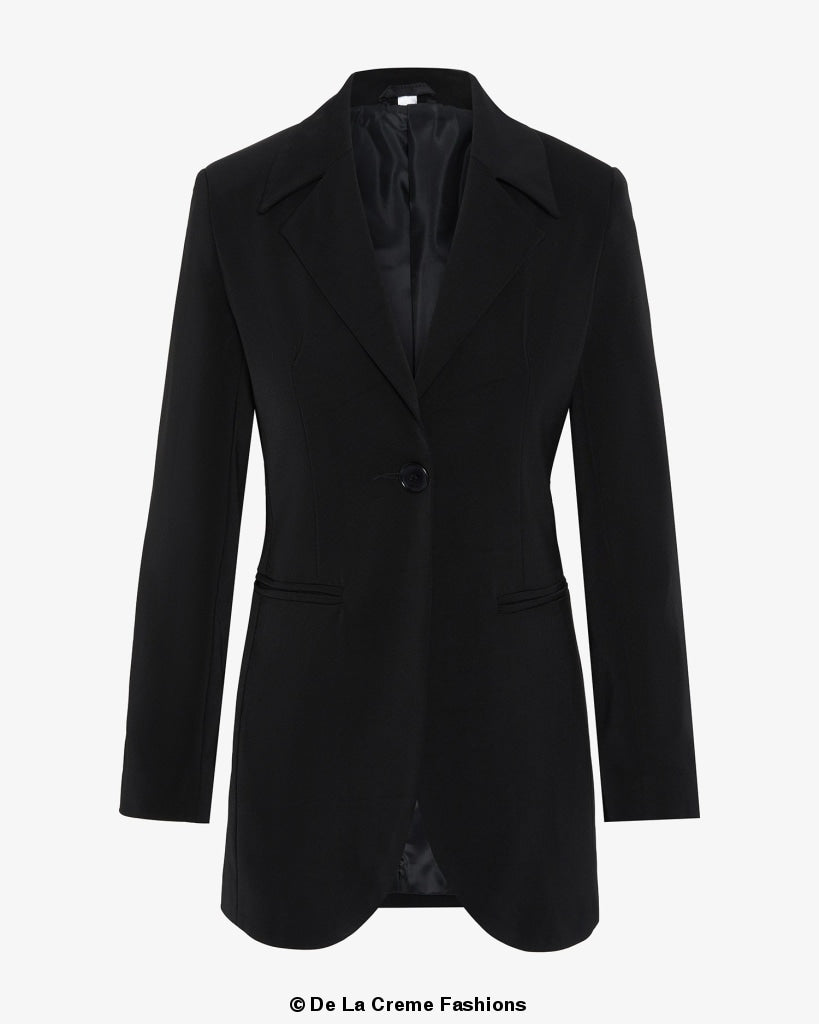 Rose Eleusis curved hem longline blazer, stylish jackets and coats with a tailored fit and curved hem design.