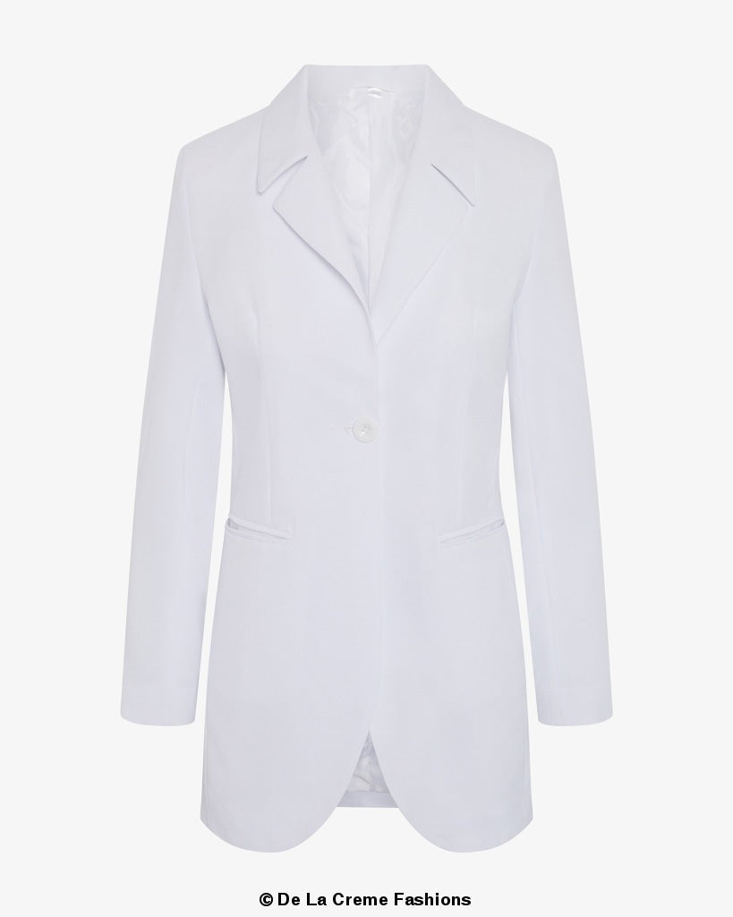 Rose Eleusis curved hem longline blazer, stylish jacket with a feminine curved hem, tailored fit, and sleek design.