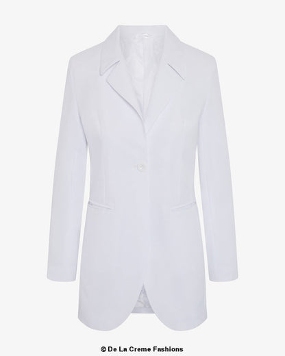 Rose Eleusis curved hem longline blazer, stylish jacket with a feminine curved hem, tailored fit, and sleek design.