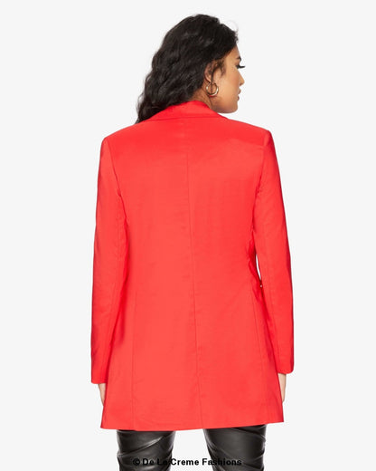 Rose Eleusis curved hem longline blazer, stylish jacket with a flowing silhouette and modern curved hem design.