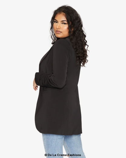 Rose Eleusis curved hem longline blazer, stylish jacket with a tailored fit and curved hem design, perfect for layered looks.