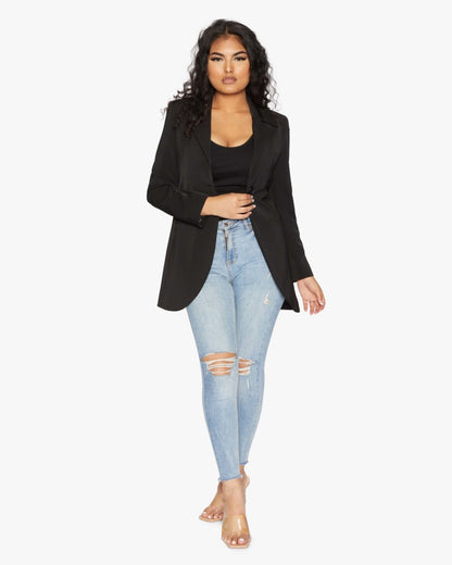 Black Rose Eleusis curved hem longline blazer, stylish jacket with a sleek fit and curved hem detail, perfect for layered looks.