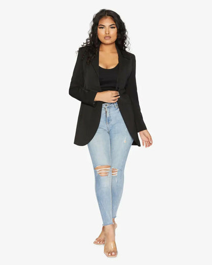 Black Rose Eleusis curved hem longline blazer, stylish tailored jacket with a modern curved hem design.