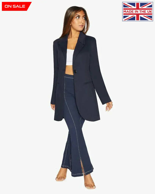 Navy blue Rose Eleusis curved hem longline blazer styled for women, displayed on a mannequin.