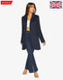 Navy blue Rose Eleusis curved hem longline blazer styled for women, displayed on a mannequin.