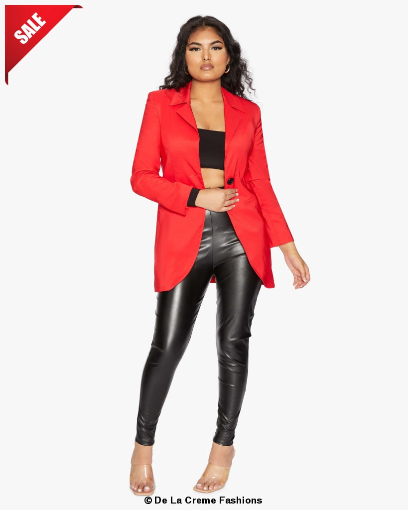 Red Rose Eleusis curved hem longline blazer displayed on a hanger, showcasing its tailored design and stylish length.
