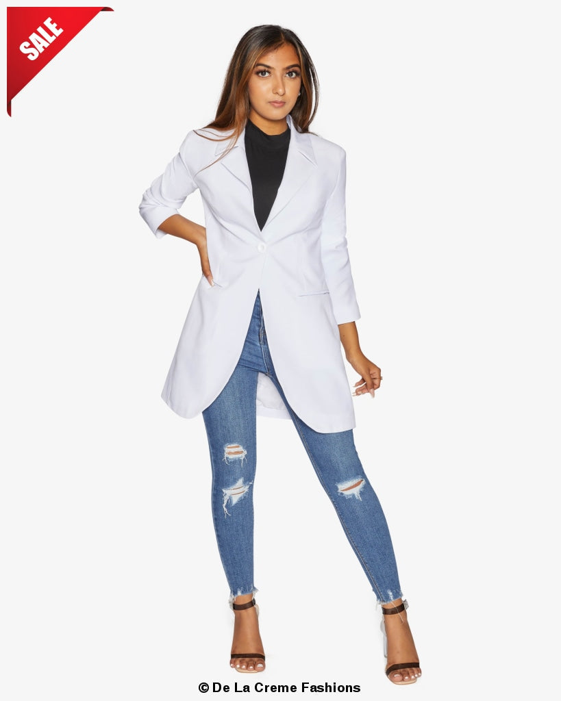White Rose Eleusis curved hem longline blazer, stylish jacket with a curved hem, longline design, perfect for modern fashion.