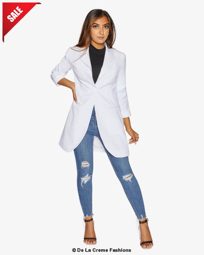White Rose Eleusis curved hem longline blazer, stylish jacket with a curved hem, longline design, perfect for modern fashion.