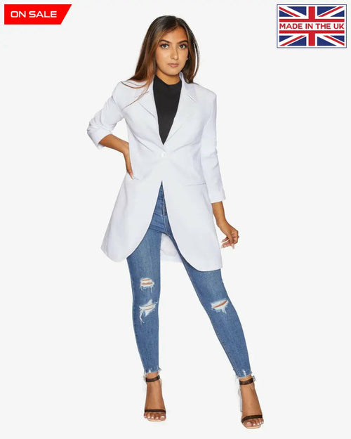 White Rose Eleusis curved hem longline blazer, stylish jacket with a tailored fit and curved hem design, front view.