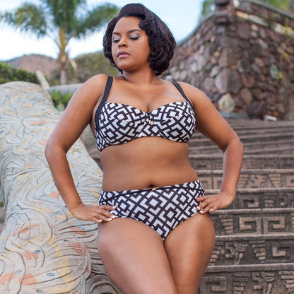 Plus-size high waist bikini bottom by Lime Lucy, black and white Lauma Swim Beach Party style, showing a flattering fit and design.