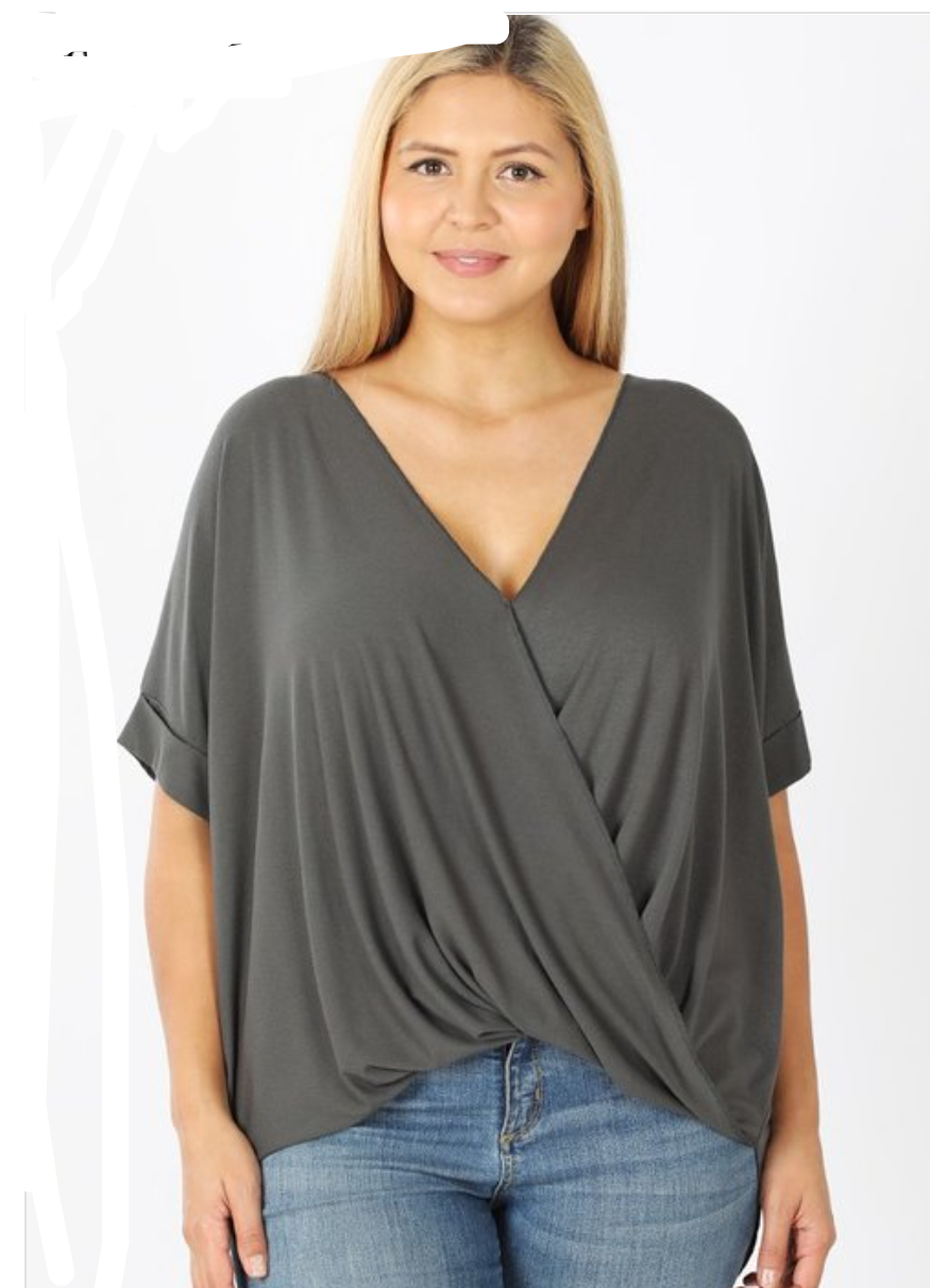 Ochre Ismene Curvy Girl Rayon Crepe Draped Front Top for women, featuring a stylish draped design and comfortable fit.