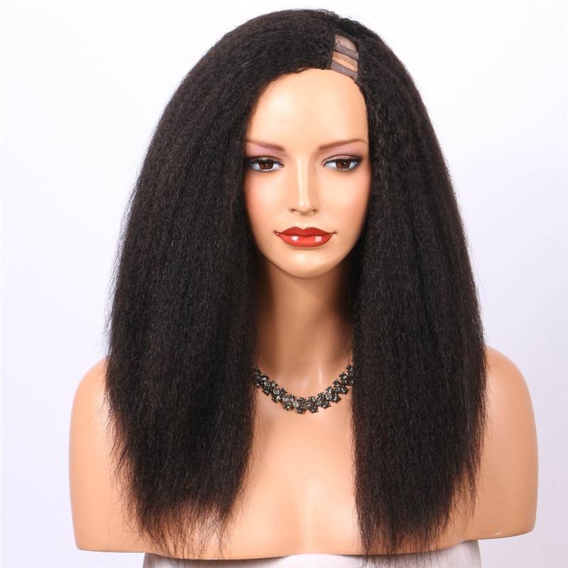 Kinky straight human hair U part wig for black women by Cerise Alfie, showcasing realistic hair texture and natural scalp appearance.