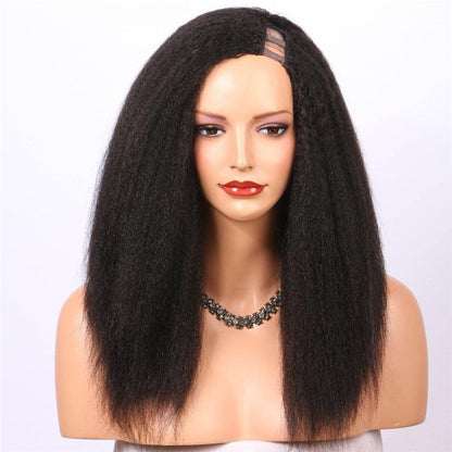 Kinky straight human hair U part wig for black women by Cerise Alfie, showcasing realistic hair texture and natural scalp appearance.