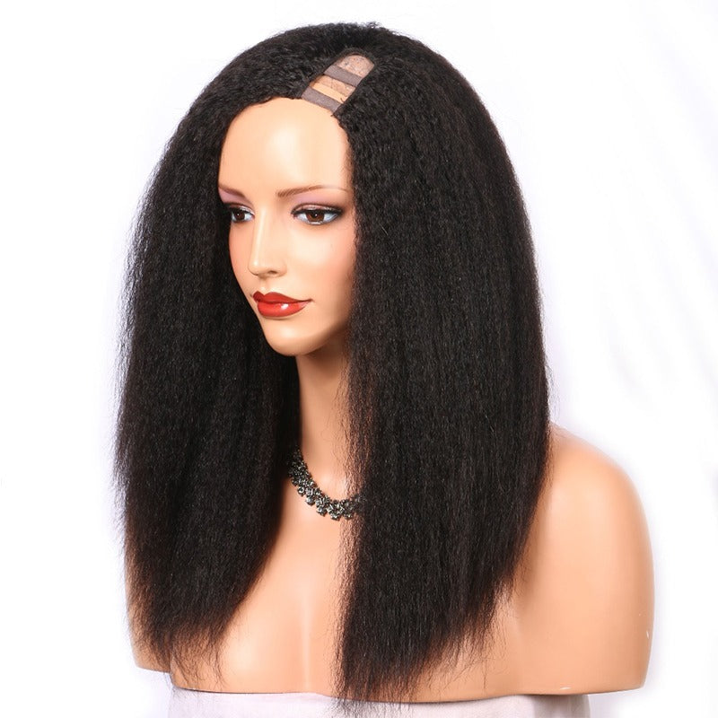 Kinky straight human hair U part wig by Cerise Alfie for Black women, showcasing natural texture and secure U shape style.