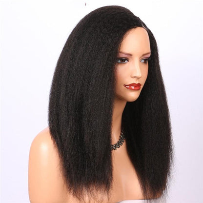 Kinky straight human hair U part wig for Black women by Cerise Alfie, showcasing natural texture and seamless fit.