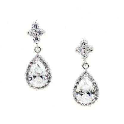 Cyan Ismene teardrop crystal chandelier earrings with sparkling gemstones and intricate silver settings.