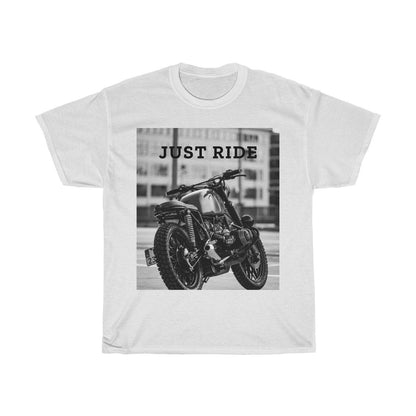 Yellow Pandora motorcycle "Just Ride" heavy cotton T-shirt featuring a bold graphic design on the front.