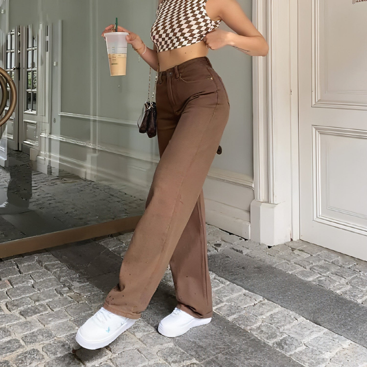 Carmine Juneberry brown retro American jeans with a slim fit, solid color design, and classic style.