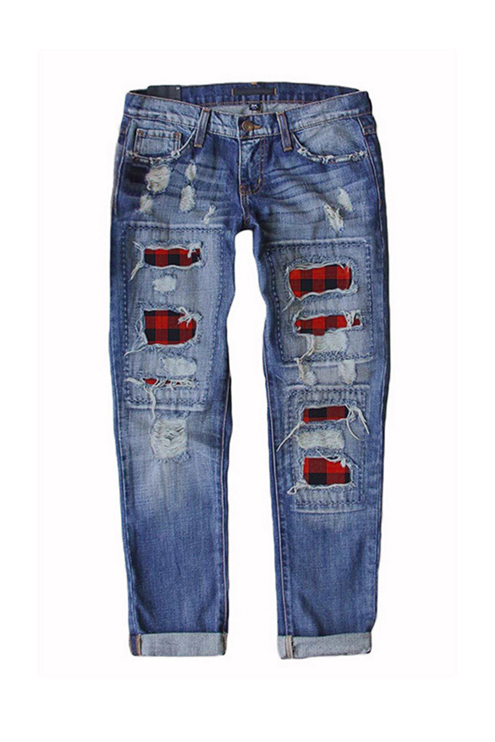 Harlequin Daisy buffalo plaid patches distressed straight jeans with a rugged, vintage look and bold plaid detail.