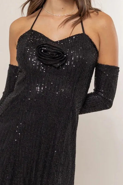 Sequin rosette halter mini dress by HYFVE in vibrant colors, featuring shimmering sequins and a stylish halter neckline.