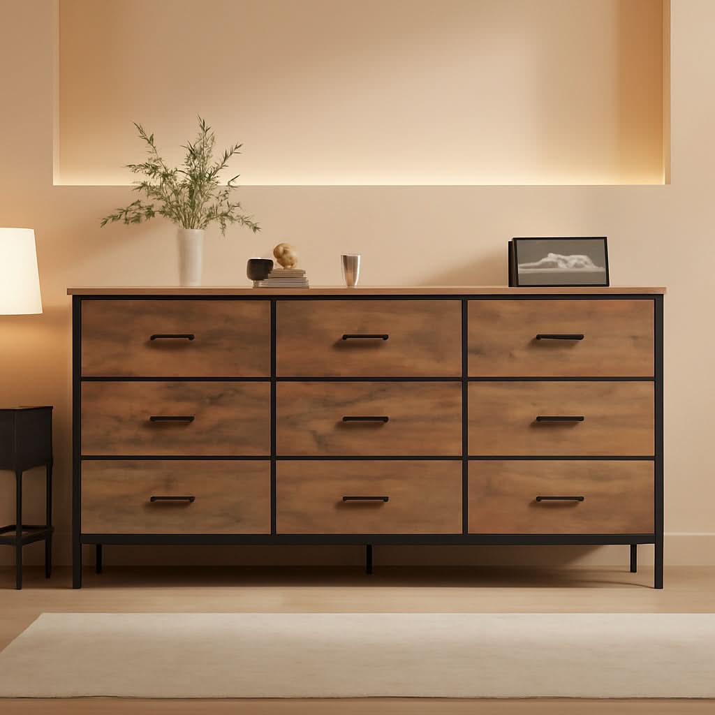55 Inch Dresser TV Stand With 9 Fabric Drawers Rustic Brown