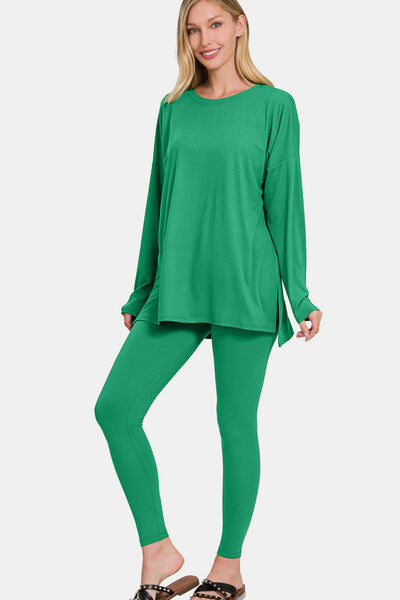 Women’s Zenana lounge set with brushed microfiber top and leggings, comfortable Jade Icarus casual clothing for relaxed wear.
