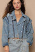 Pear Daisy POL cropped denim jacket with functional zipper detail, showcasing classic blue denim and stylish design.