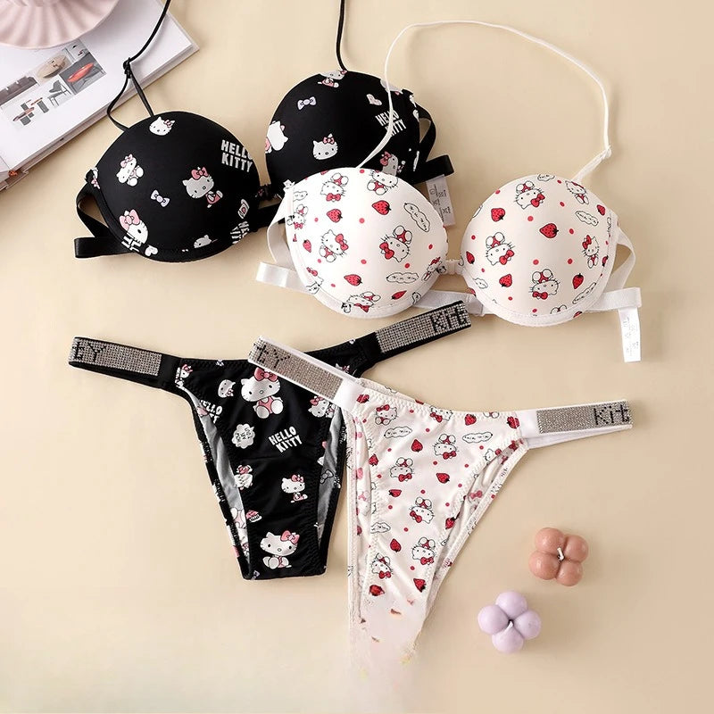 Start2Finish Hello Kitty cartoon strapless bra and low-waisted T-panties set with rhinestone lettering, cute and sweet lingerie apparel.