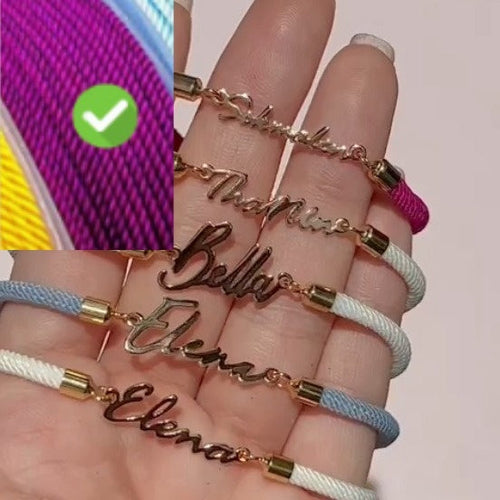 Colorful rope chain bracelet with custom name, personalized jewelry for women by Pink Lucky featuring vibrant design.