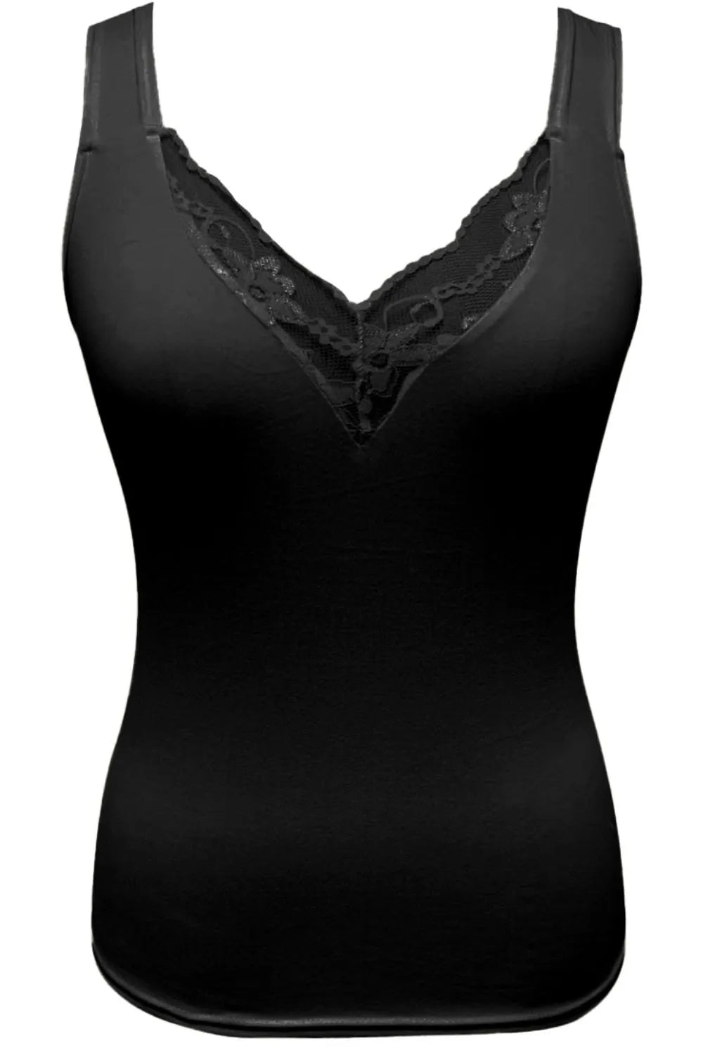 Plus size lace detail V-neck tank top by Pear Daisy, showing the full front view with delicate lace accents and comfortable fit.