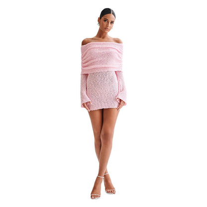 Off-shoulder knit bodycon dress by Carmine Juneberry, 25th edition, featuring a fitted silhouette and stylish design.