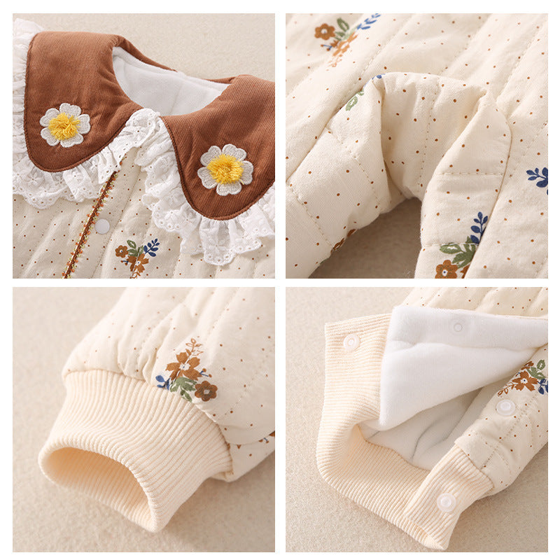 Carmine Juneberry DaisyWarm™ winter floral jumpsuit for baby girls with long sleeves and colorful flower pattern.