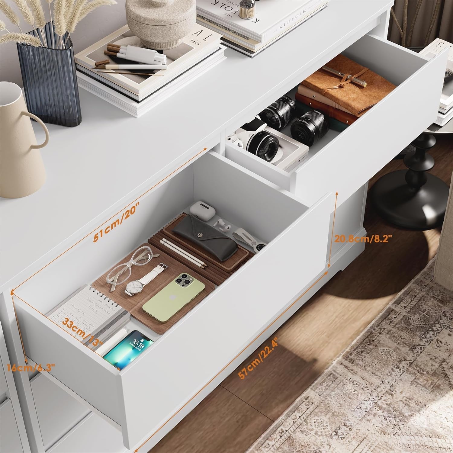 White Peach Maple six drawer dresser with sleek design, ideal for bedroom storage and organization.