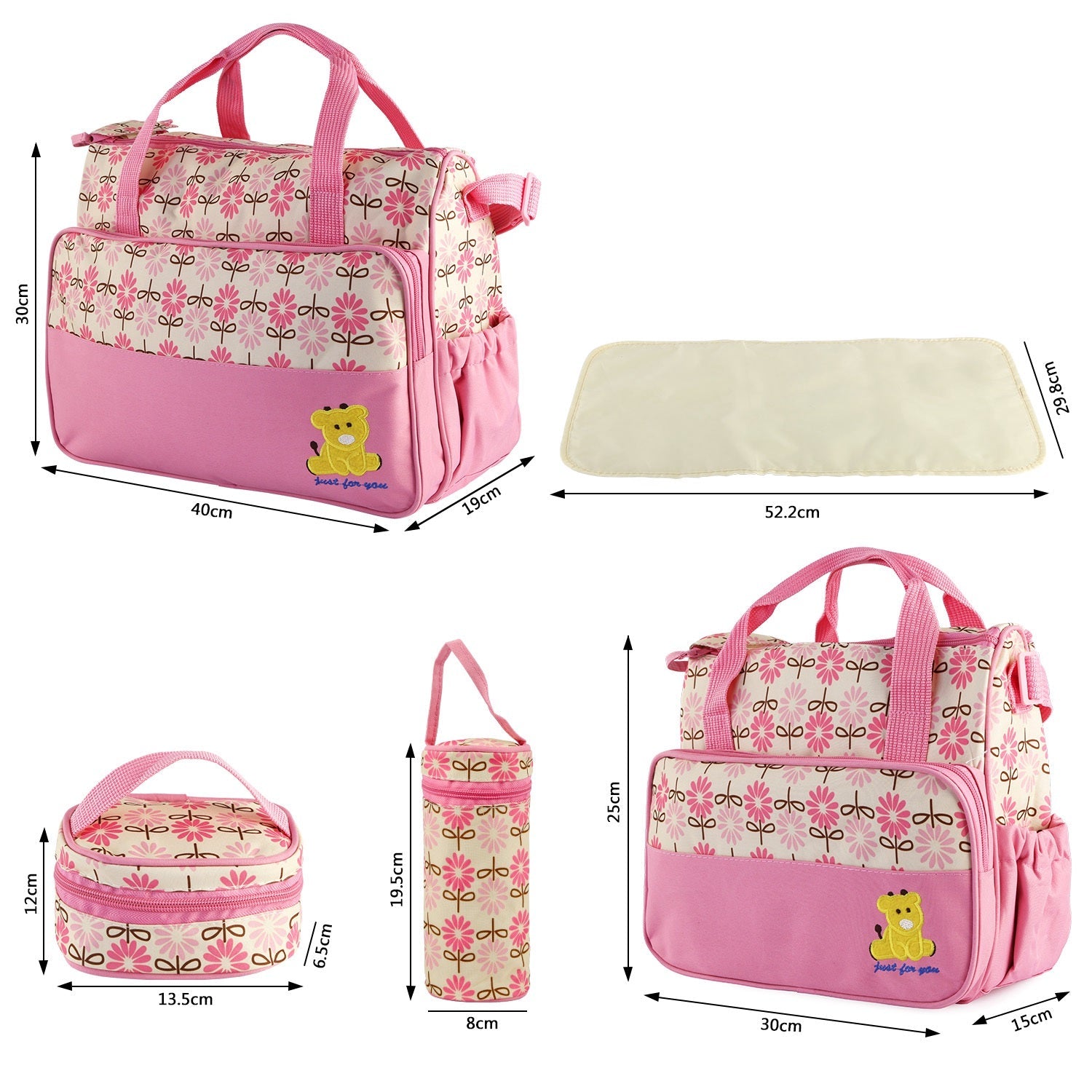 Pear Daisy 5-piece baby nappy diaper bags set with shoulder straps, including various diaper bags for mums, shown in the image.
