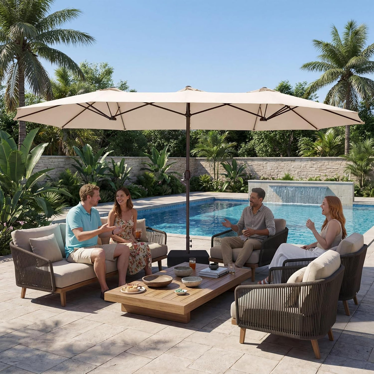 Fifteen Foot Beige Patio Umbrella Weather Resistant Base Stand