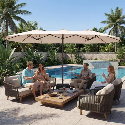 Fifteen Foot Beige Patio Umbrella Weather Resistant Base Stand