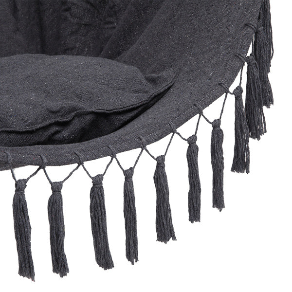 Gray LuneluX boho hanging chair by Carmine Juneberry with fringe and cushions, showcasing its cozy, stylish furniture design.