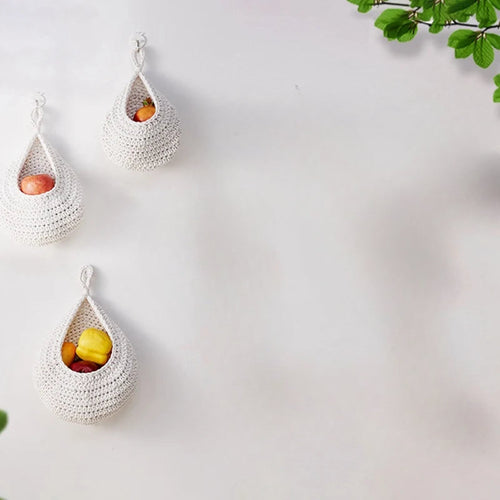 Set of three woven wall hanging fruit baskets for kitchen by Maroon Asteria, decorative home decor for fruit storage.