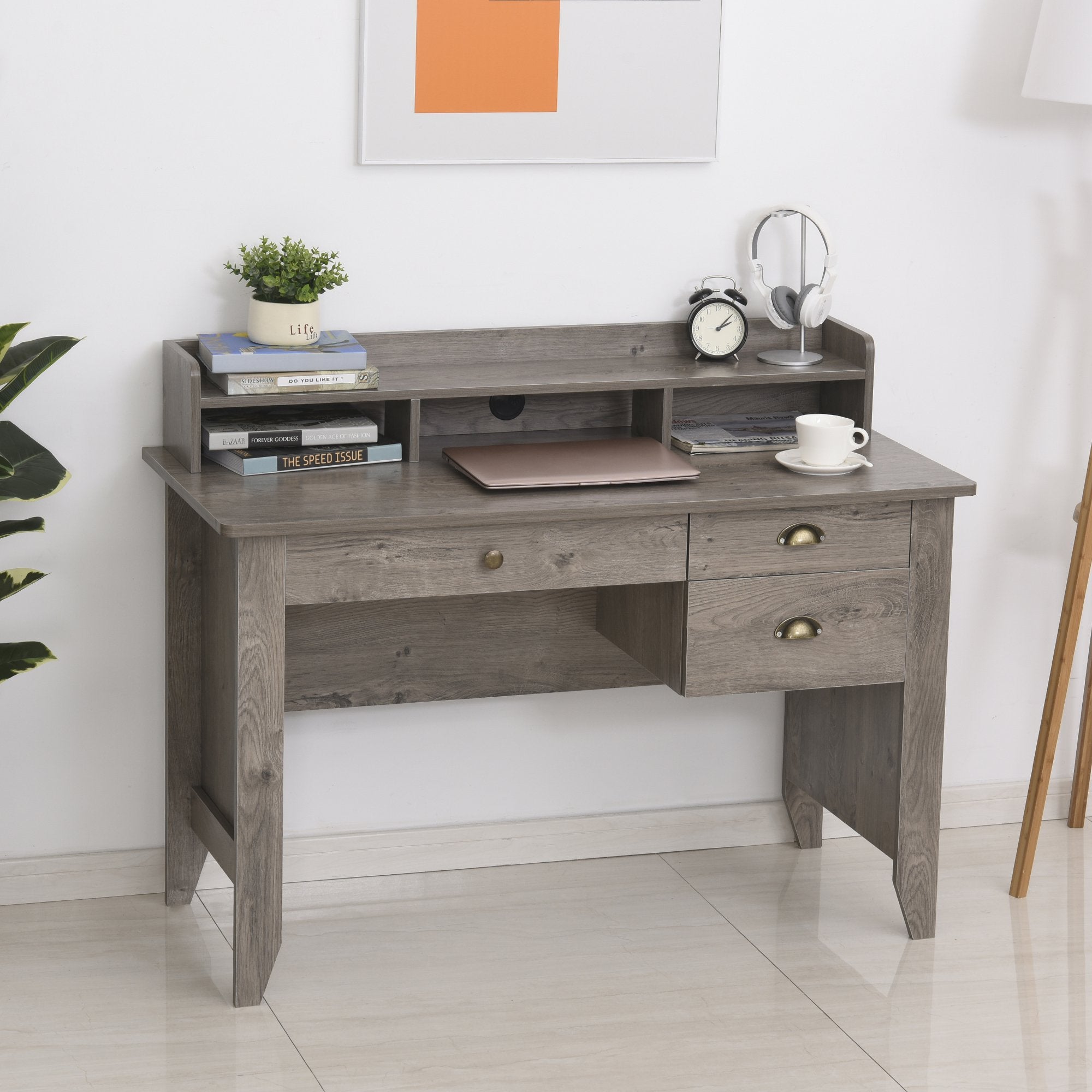 Taupe Shadow HOMCOM computer desk with drawer and storage hutch, ideal for home office and writing workspace.