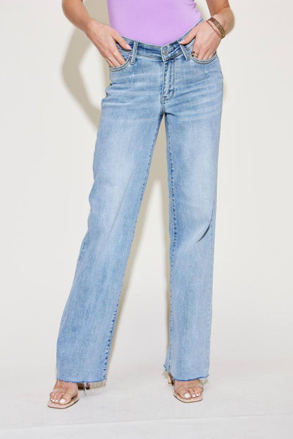 Carmine Juneberry Judy Blue full-size straight jeans with V-front waistband, denim material, and classic blue wash.