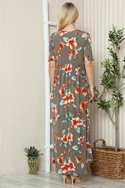 Jade Icarus BOMBOM floral round neck short sleeve maxi tee dress for women, featuring a vibrant floral pattern and comfortable fit.