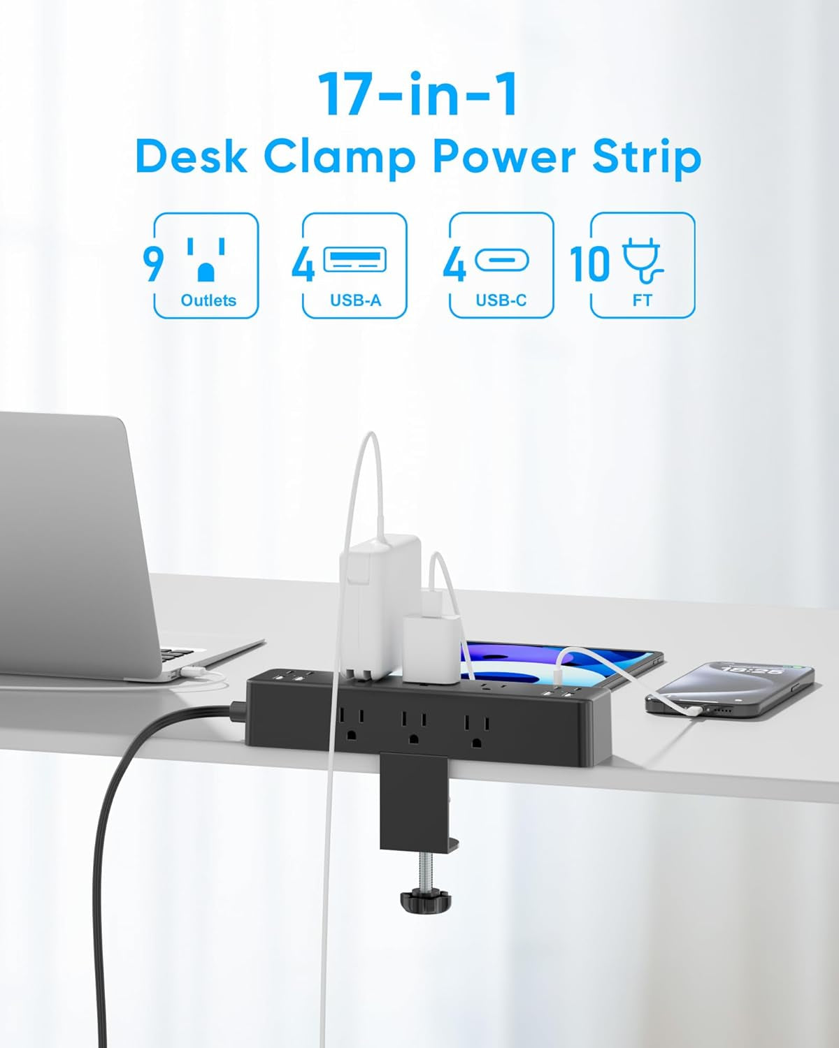 Peach Maple desk clamp power strip with 17-in-1 hub and 40W fast charge, mounted on a desk, featuring multiple USB and power outlets.