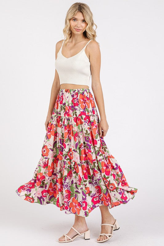 Colorful floral print elastic waist tiered skirt by Jade Icarus, featuring a flowing, layered design perfect for casual wear