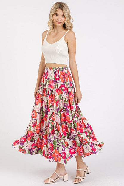 Colorful floral print elastic waist tiered skirt by Jade Icarus, featuring a flowing, layered design perfect for casual wear