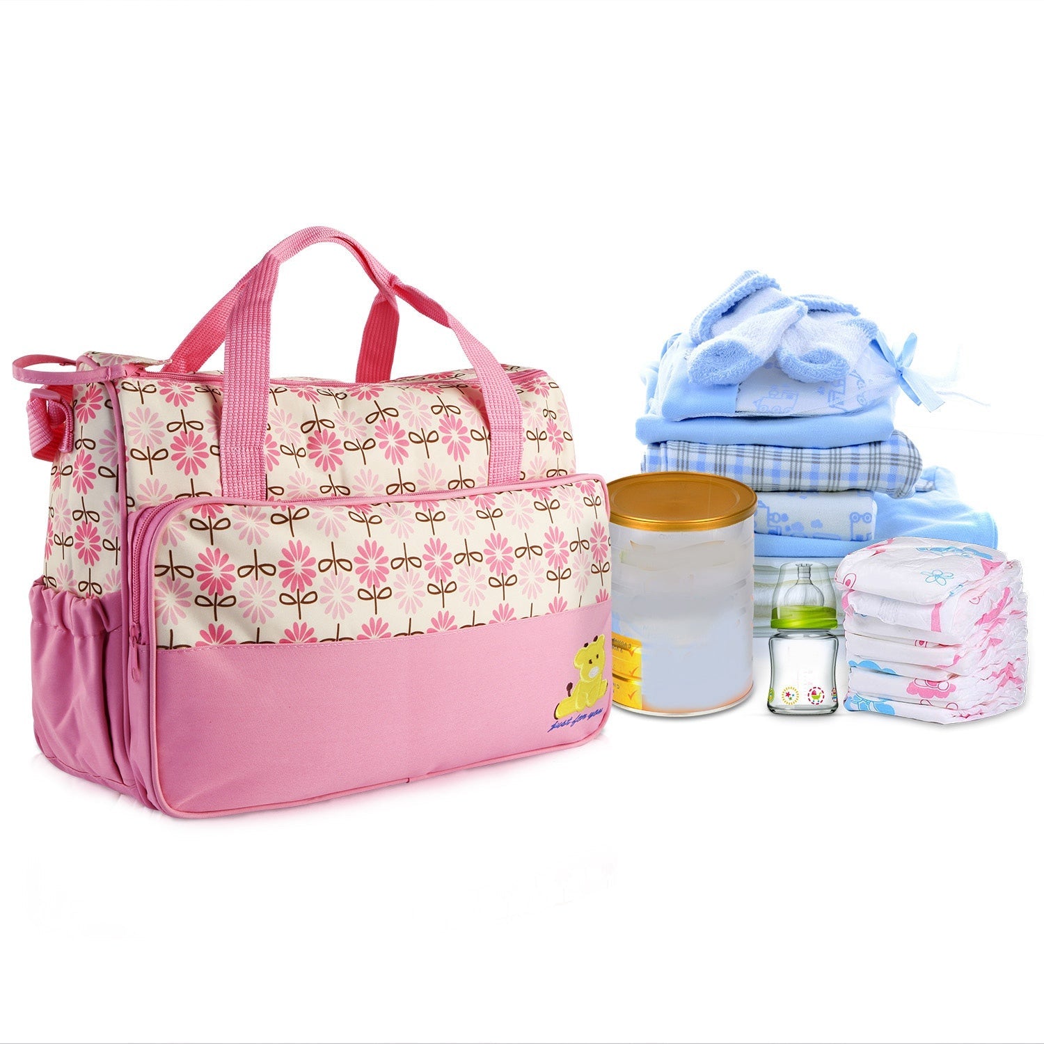 Pear Daisy 5-piece baby nappy diaper bag set with shoulder bags, featuring multiple compartments and stylish design for moms.
