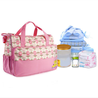Pear Daisy 5-piece baby nappy diaper bag set with shoulder bags, featuring multiple compartments and stylish design for moms.