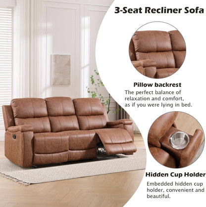 Brown Faux Leather Manual Reclining Overstuffed Sofa